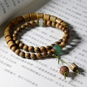 Sandalwood Buddhist Bead Bracelet Long Strand Wood Zen Meditation Jewelry With Lotus Pendant For Men Women Retro Style