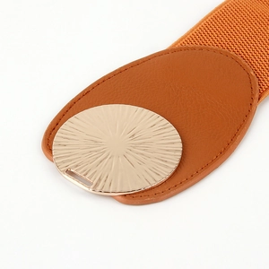 Close-up of golden metallic round buckle with textured radial pattern on brown elastic belt