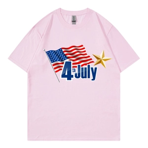 Detail of light pink 4th July t-shirt with American flag and golden stars print