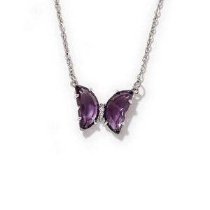Elegant butterfly pendant necklace with purple translucent wings and sparkling crystals