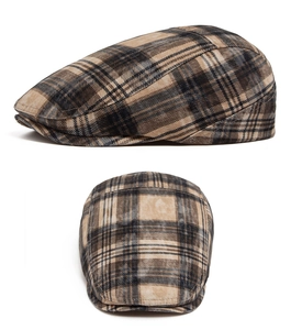Close-up of retro plaid flat cap featuring vintage brown washed cotton texture and pattern