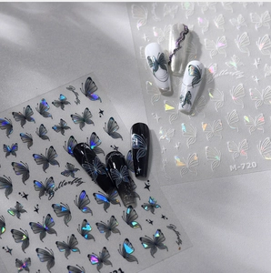 Dettaglio degli adesivi per unghie farfalla aurora M-720 con effetti laser nero e bianco