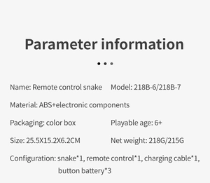 Tabella delle specifiche dettagliate per il serpente telecomandato inclusi dimensioni e pile