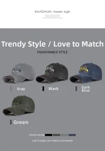 Detail of vintage washed cotton baseball caps with 3D letter M embroidery in four colors