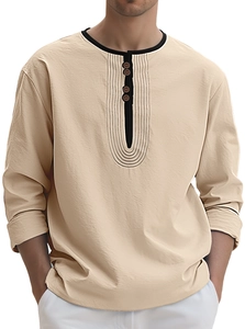 Detail of khakhi linen Henley shirt featuring four buttons and radial stitching textures