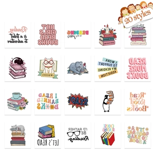 Set of 20 cartoon reading stickers with colorful cats and elephants on white background