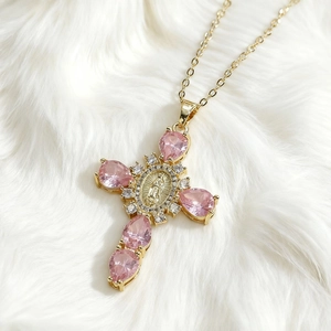 Copper Zirconia Cross Virgin Mary Pendant Necklace Gold Plated Religious Vintage Style Jewelry Gift For Women Inlaid Pendant