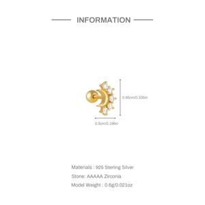 Technical view of gold s925 silver moon stud earring with 5A zirconia stones