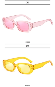 Detailed 45-degree side view of retro rectangular sunglasses in jelly pink and yellow