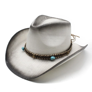 Western Cowboy Hat Paper Straw Wide Brim Gradient Retro Ethnic With Turquoise Beads Sun Protection Beach Travel