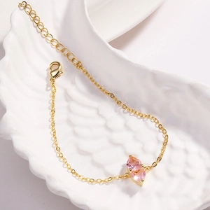 Double pink marquise cut heart stones on a gold chain bracelet for women