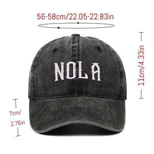 Detailed size chart for the NOLA embroidered vintage baseball cap with dimensions