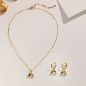 Rainbow cloud jewelry set with gold necklace and earrings featuring colorful zircon stones