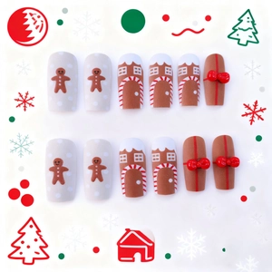 Christmas long press-on nails with 3D gingerbread man, candy cane stripes, and red bows