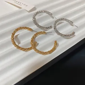 Twisted C-Shaped Hoop Earrings With 925 Sterling Silver Earring Post Retro Minimalist Spiral Texture Metal Jewelry