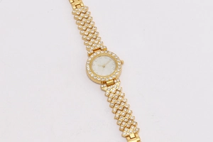 Detailed view of women's gold watch with rhinestone encrusted strap and shell dial