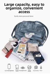 Detail view of the blue crossbody bag interior showing spacious capacity for daily items