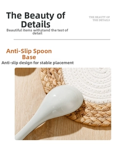 Detail of a white ceramic soup spoon showing the non-slip base design for stability