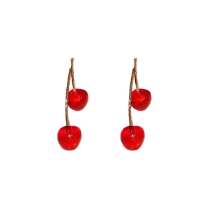 Sweet cherry drop earrings with red translucent resin and gold-tone metal hooks