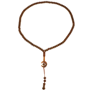 Macro detail of 99 dark brown resin prayer beads with star and moon charm pendant