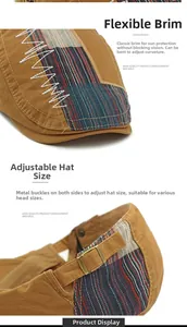 Détail de la casquette patchwork vintage avec boucle en métal et tissu à rayures