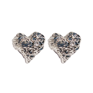 Silver heart-shaped stud earrings with crumpled foil texture and zircon center