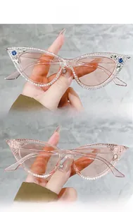 Detail view of pink cat-eye sunglasses with hand-set rhinestones from multiple angles