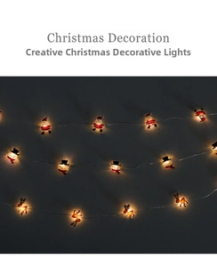 Detail of LED Christmas string lights featuring Santa, snowman, and reindeer motifs