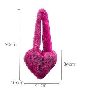Detailed size chart for the heart-shaped faux fur shell bag with purple tie-dye plush finish