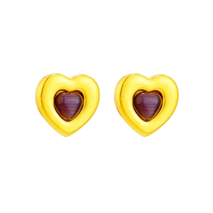 Eleganti orecchini a cuore in acciaio al titanio dorato con pietra viola su bianco