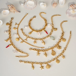 Ocean Theme Charm Bracelet Stainless Steel Gold Plated Seashell Starfish Fish Pendants Summer Beach Vacation Jewelry Women