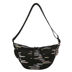 Fashionable black crescent crossbody bag with multi-color wave embroidery and dual zipper
