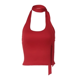 Detail of red halter neck top with matching neck ties and smooth elastic fabric