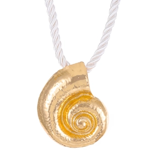 Bohemian gold conch shell pendant necklace with white twisted cord for summer beach vacation