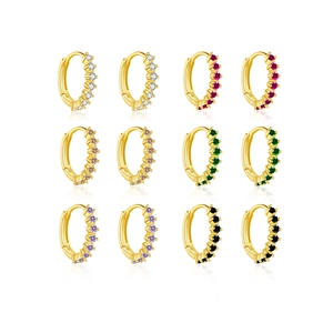 S925 sterling silver gold hoops set with colorful zircon stones in a row