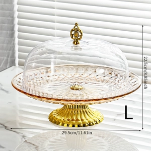 Macro detail of amber glass cake stand with golden base and crown handle dimensions