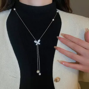 Butterfly Artificial Pearl Necklace Copper Zircon Y-Shaped Long Tassel Elegant Korean Style Fashion Jewelry For Women Silver Tone