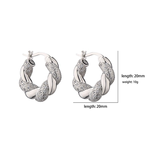 Silver twisted rope hoop earrings with zircon stones and 20mm diameter size