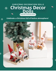 Detail of four Santa Claus dolls with sequined outfits sitting on wooden sleds