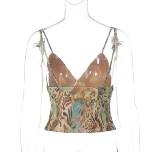 Detail of the animal print lace camisole with deep V-neck and slim fit cropped design