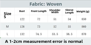 Size chart for casual loose woven jacket with detailed measurements for S, M, and L sizes