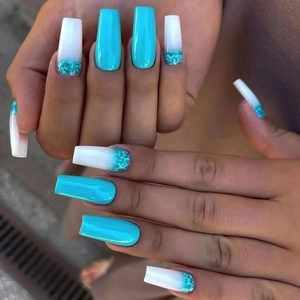Long Coffin Press On Nails W169 Blue Galaxy Gradient Glitter False Nails Artificial Nails With Glue For Women Daily Party Decoration