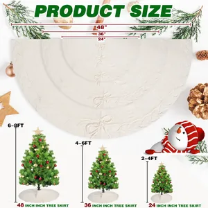Size chart for red and white knit Christmas tree skirts from 24 to 48 inches