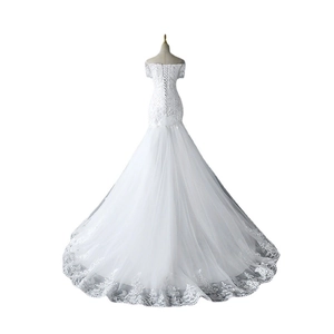 White lace off-shoulder mermaid wedding dress with sequins and long train back view
