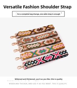 Close-up of five colorful geometric ethnic style jacquard straps with gold metal hooks
