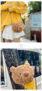 Detailed close-up and lifestyle view of a cute brown plush bear head crossbody bag