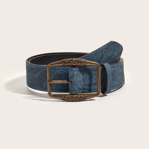Vintage Y2K embossed blue leather belt with antique bronze buckle for jeans