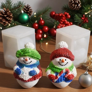 3D Christmas snowman silicone mold set for DIY candles with textured hat and candy cane details