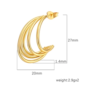 Detail view of 18K gold-plated multilayer earrings showing 27mm height and 20mm width