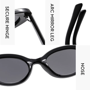 Detail of secure hinge, arc mirror leg and ergonomic nose pads on black sunglasses